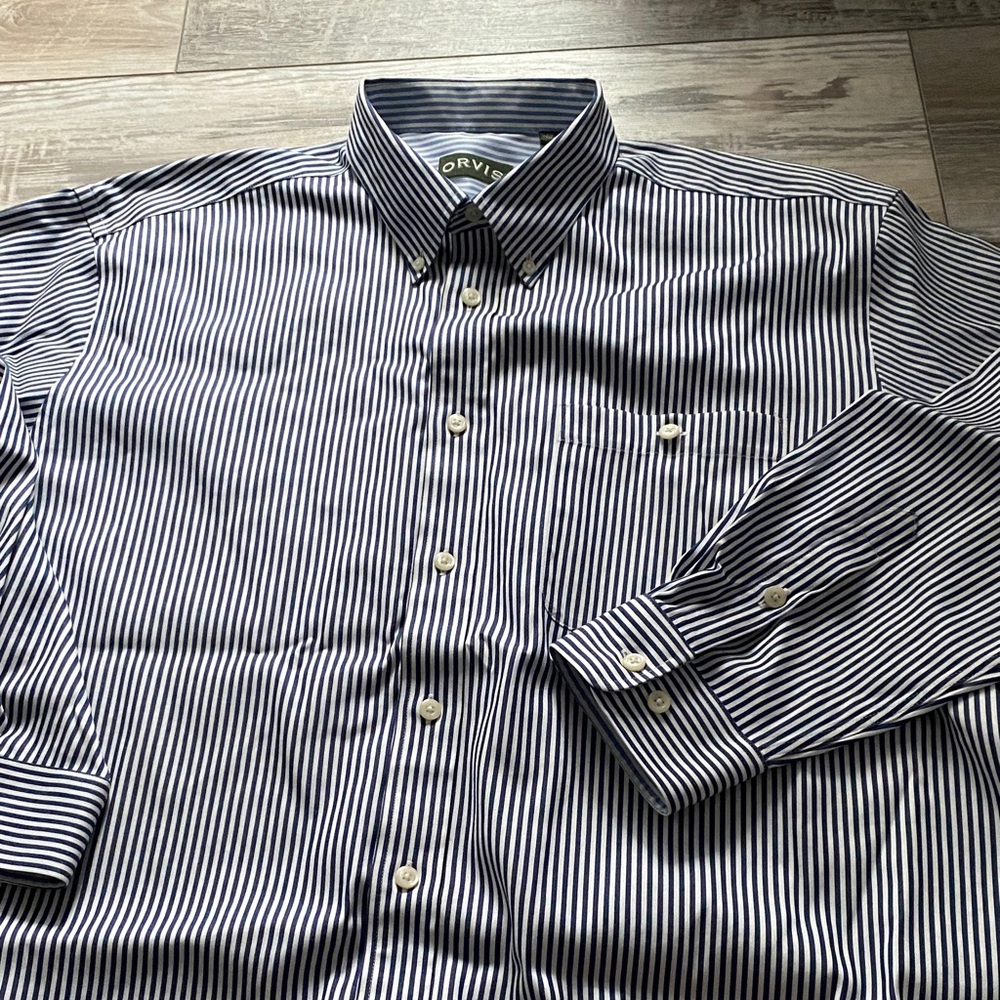 Orvis Men's Navy and White Striped Button Down Shirt